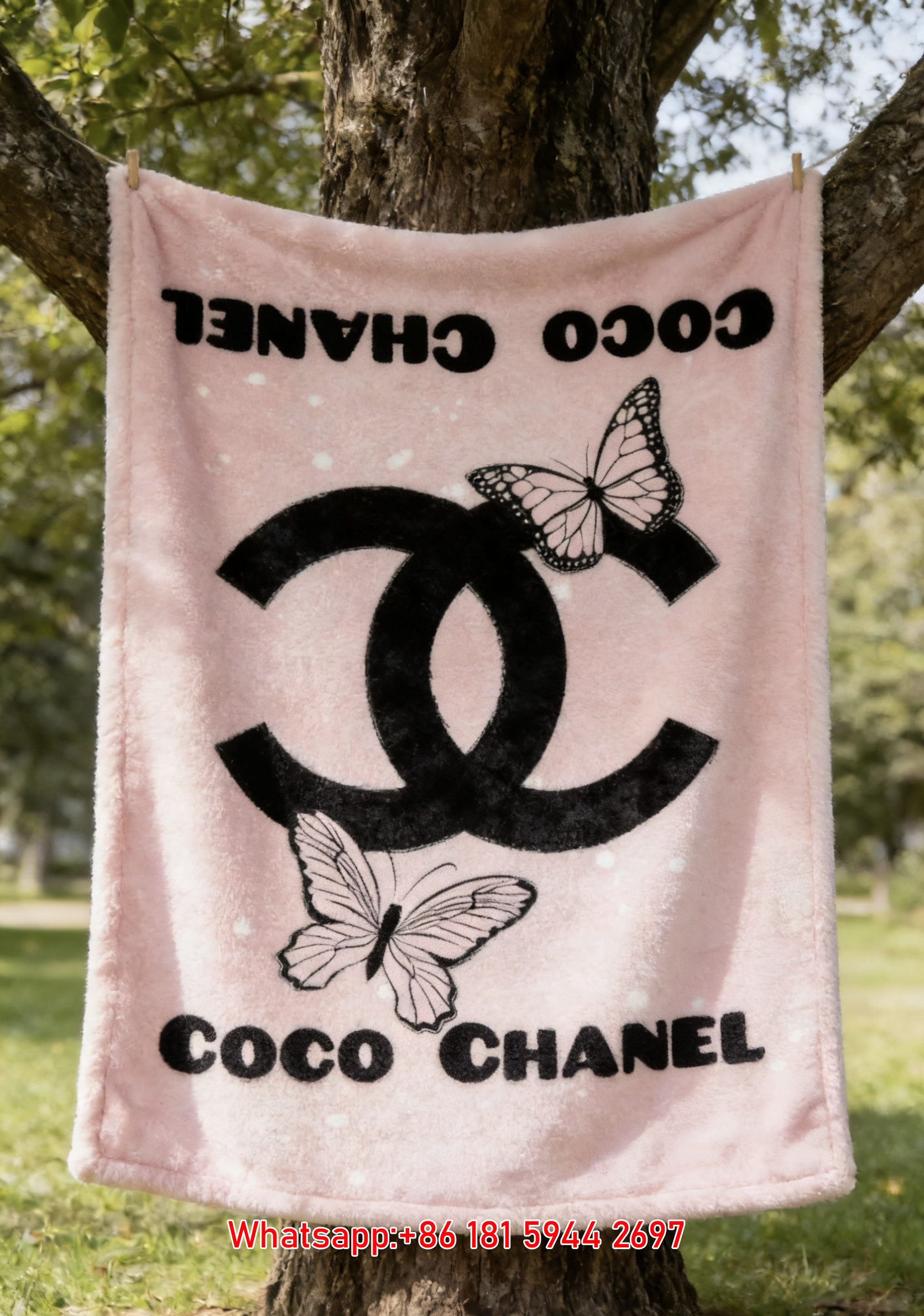 Coco Chanel Pink Butterfly CC Logo Flannel Throw Blanket IMG_7038